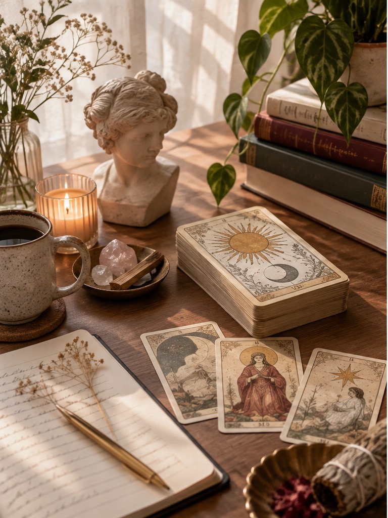 Mesa editorial com cartas de Tarot, livros, caderno e vela